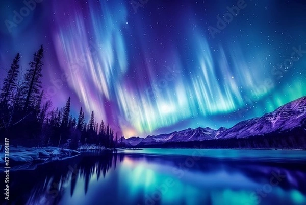 Fototapeta Stunning Northern Lights Over Lake, Mesmerizing and Colorful, Night Sky Reflection, Ideal for Nature and Travel Content