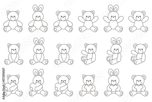 Fototapeta かわいいくまとうさぎとねこのぬいぐるみのベクターイラスト　アイコン　セット　ハート　動物