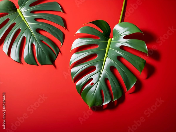 Fototapeta Photo of a monstera leaf on a red background