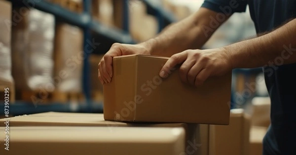 Fototapeta  person handling cardboard boxes in a warehouse or shipping facility