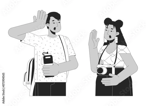 Fototapeta Excited mixed race couple traveling sightseeing black and white 2D line cartoon characters. Diverse tourists together isolated vector outline people. Excitement monochromatic flat spot illustration