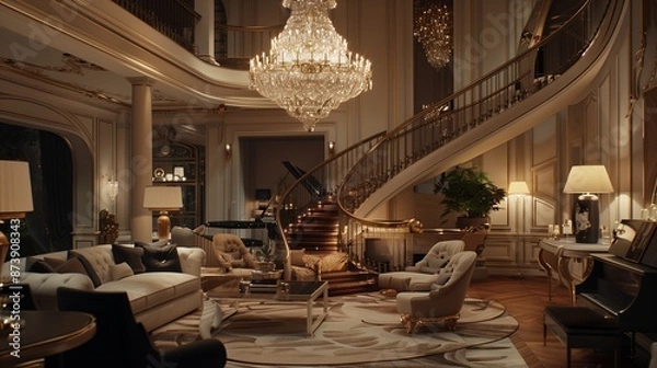 Obraz Luxurious living area featuring a grand staircase, a crystal chandelier, and stylish hanging lights, complemented by elegant and sophisticated decor.