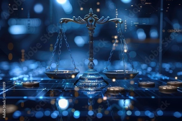 Obraz A balanced scale with fintech elements on one side and coins on the other, representing ethical balance in fintech, with a corporate look in blue shades