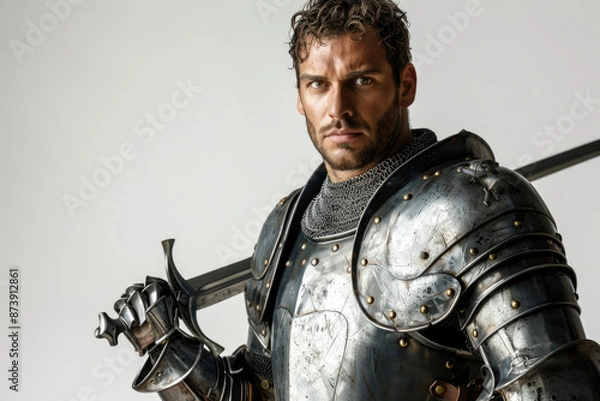 Fototapeta Medieval knight with armor and sword on a white backdrop