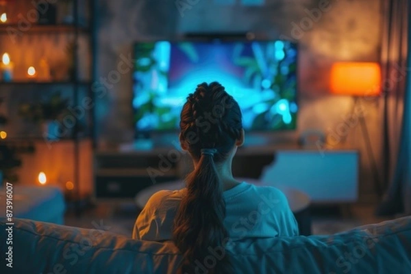 Fototapeta Watching TV at Home: Woman Enjoying Television Shows and Movies Online in the Evening