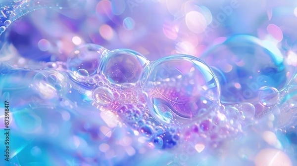 Obraz Enchanting Abstract Background with Vibrant Soap Bubbles on Blue and Purple Gradient. Soft Focus and Bokeh Effect Create a Magical Atmosphere. Ideal Design Element for Product Packaging or Card Decora
