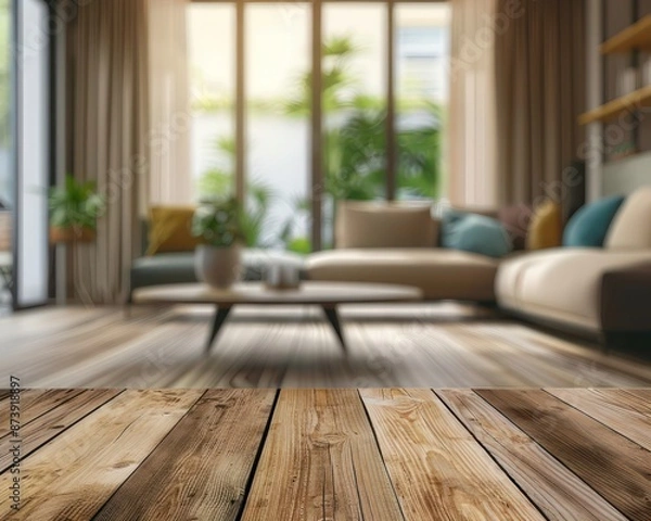 Fototapeta Scandinavian living room ambiance with sofa and armchair blurred behind a wooden table top. Perfect for creating a cozy and inviting atmosphere