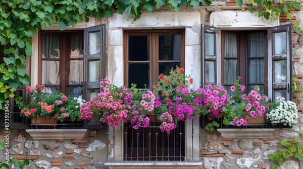 Fototapeta the facade of an old building with windows and balconies in colors in Italy, Tuscany or France