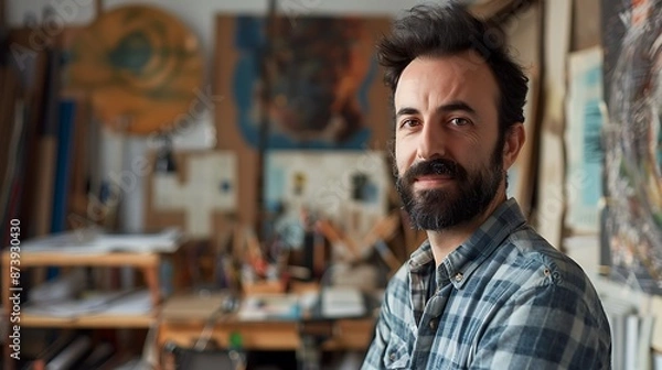 Fototapeta Inspired Creative Professional in Design Studio Close-up Portrait with Artistic Elements and Tools