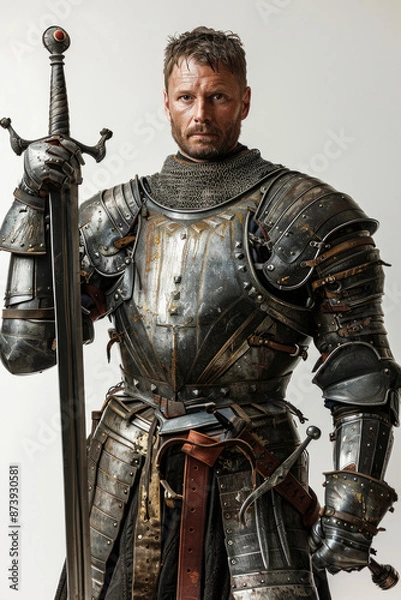 Fototapeta Medieval knight with armor and sword on a white backdrop