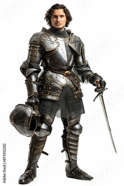 Fototapeta Elegant medieval knight posing confidently against a white backdrop