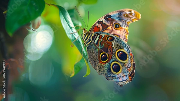 Fototapeta Colorful Butterfly Emerging from Chrysalis on Leaf