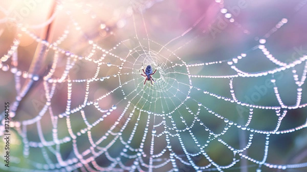 Fototapeta Dew-Covered Spider Web at Sunrise
