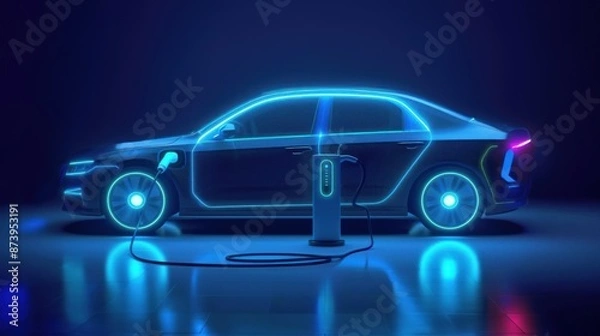 Fototapeta A digital electric car charging with blue neon light on dark background showcasing futuristic eco friendly transportation concept