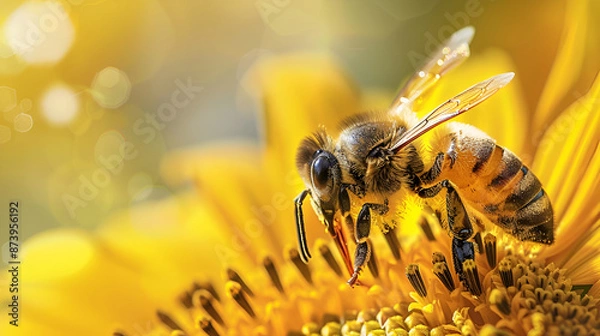 Fototapeta Honeybee Collecting Nectar on Sunflower Macro Shot