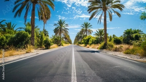 Fototapeta Rural Trunk Road Surrounded By Palm Trees And A Clear Blue Sky