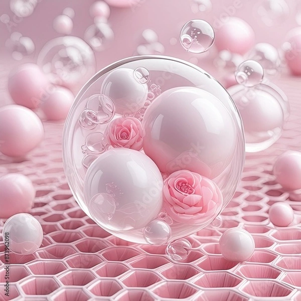 Obraz Pink bubble and transparent skin cell background, 3d rendering.