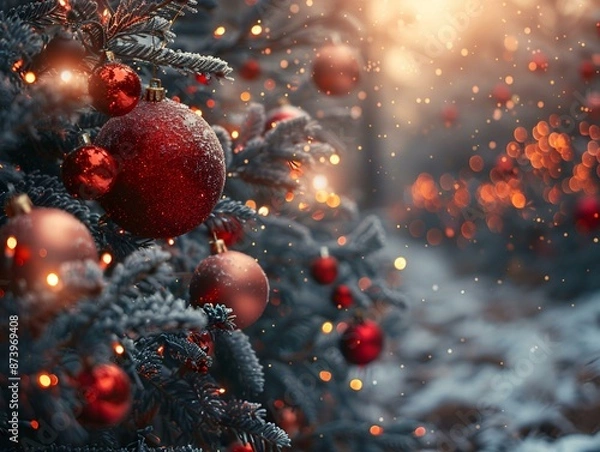 Fototapeta A Christmas tree adorned with red ornaments and covered in snow.