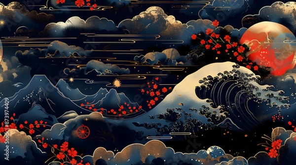 Fototapeta Harmonious Ukiyo e Inspired Seamless Pattern with Waves Cherry Blossoms and Traditional Elements