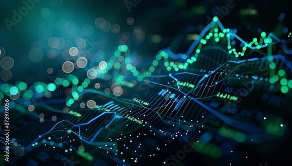 Obraz Stock market graph in blue and green colors on a dark background, showcasing financial analysis and planning with charts and graphs, set against an abstract digital backdrop to emphasize its role in b