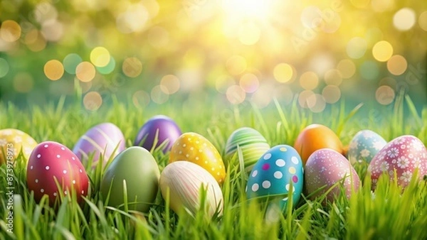 Fototapeta Background with colorful Easter eggs scattered on a grassy field, Easter, eggs, colorful, background, spring, holiday, celebration