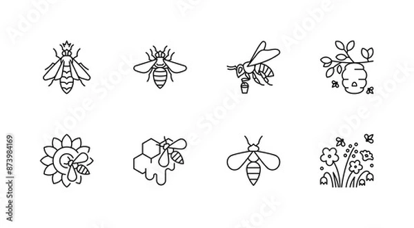 Obraz Honey bee icon set - queen bee, a worker bee, hive, comb, sunflower, flowers, field. Honey production, beekeeping, apiculture concept. Linear illustration, editable strokes, minimalist symbol