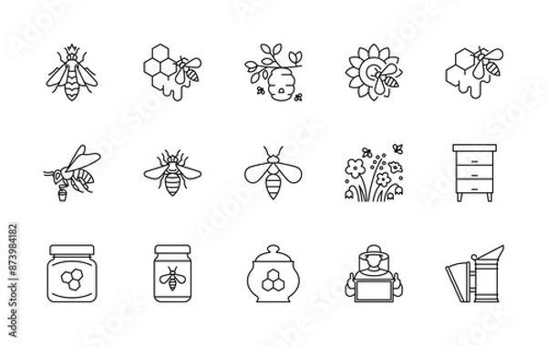 Obraz Honey production and beekeeping related icons - queen and worker bee, hive, comb, sunflower, beekeeper, flowers, apiary. Apiculture concept. Linear illustration, editable strokes, minimalist symbol