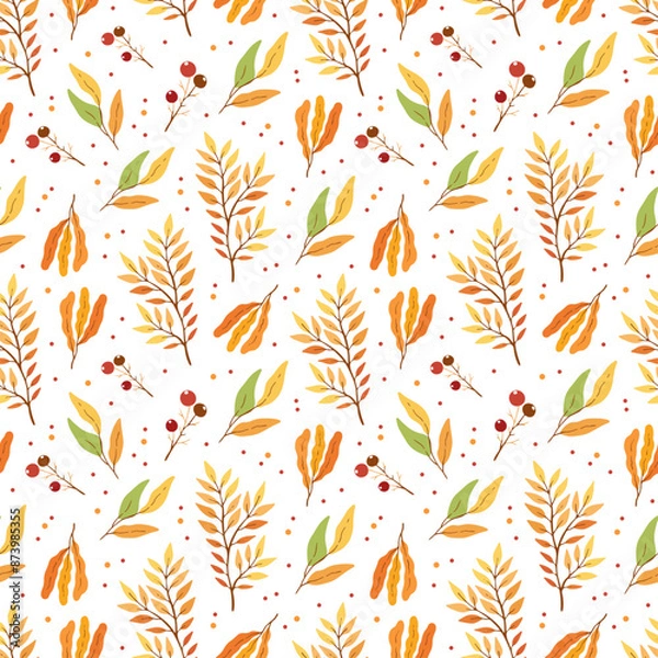 Fototapeta Seamless pattern with autumn leaves and red berries on white background, design for fabric, wallpapers