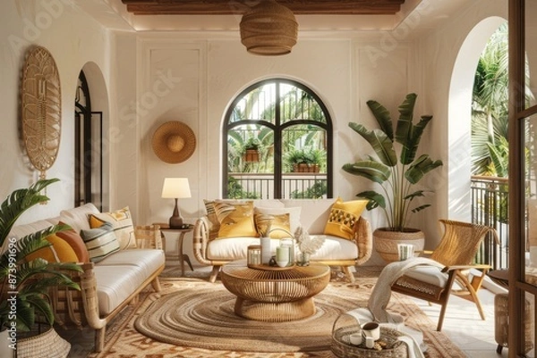 Fototapeta Cozy bohemian living room with rattan furniture, earthy tones, and indoor plants, creating a warm and inviting space filled with natural light and boho style.
