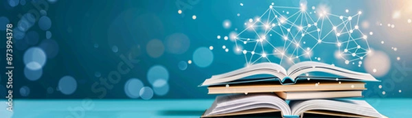 Fototapeta Open books with a digital network concept, representing knowledge sharing, data connection, or digital learning in a blue abstract background.