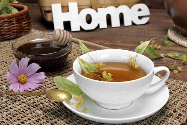 Fototapeta Home Tea Time Scene  With Lime Tree Blossom. Rustic Style