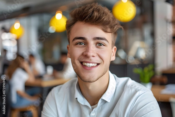 Fototapeta A close-up portrait of a young male tech professional, smiling confidently, with a modern office setting in the background. 