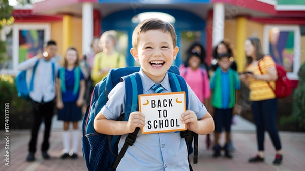 Fototapeta Cheerful boy holding blackboard with back to school sign. Boy with backpack holding in his hand chalk board with inscription Back to school. Cute smiling schoolboy in uniform standing with blackboard.