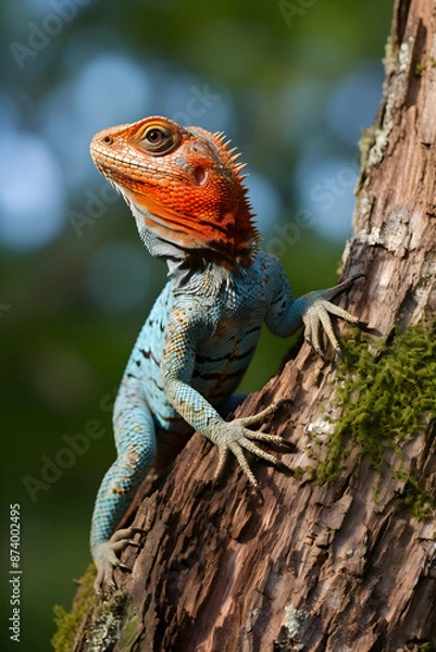 Fototapeta Visually Striking Depiction of a Vibrantly Colored Agama Lizard Amidst its Natural Habitat