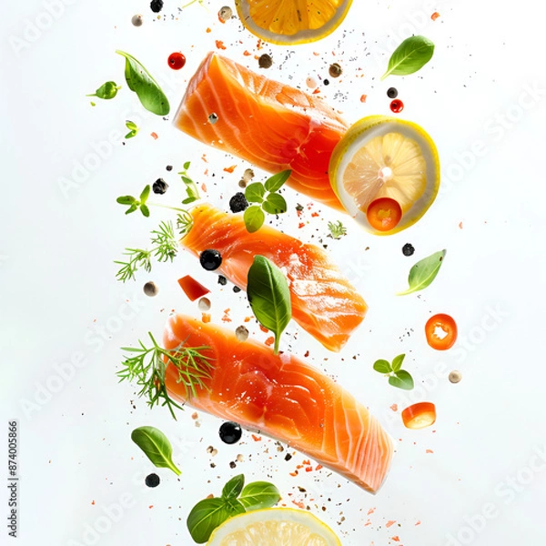 Fototapeta Salmon slices with chopped lemon in the air on a white background
