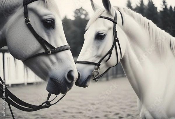 Fototapeta Two white horses standing side by side in the paddock