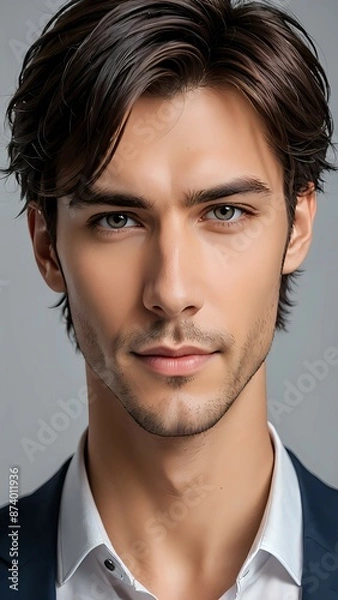 Fototapeta Close-up portrait of a handsome man with striking features and a confident expression, well-groomed, piercing eyes, captivating smile, anime style 