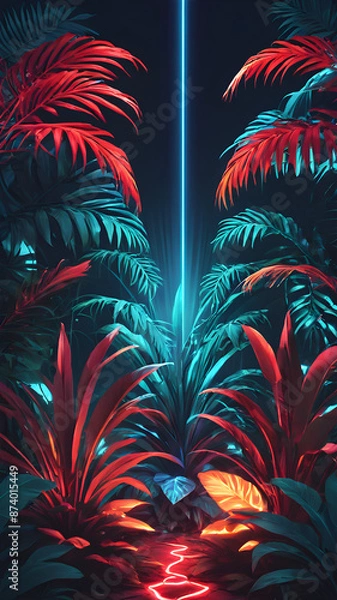 Fototapeta Neon tropical wallpaper with plants and leaves at night Futuristic laser light and copy space