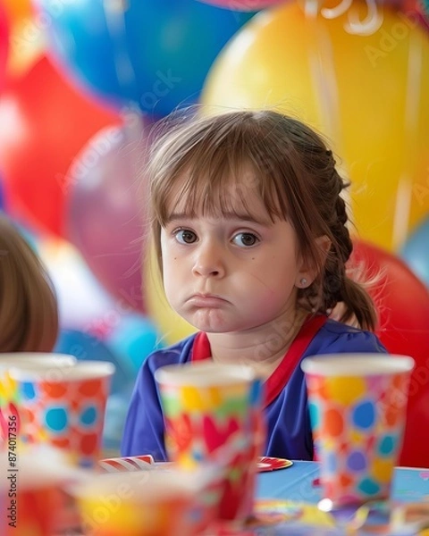 Fototapeta rule of thirds composition shot of A young girl with a sad expression at a colorful birthday party, surrounded by balloons and party cups, add copyspace for text