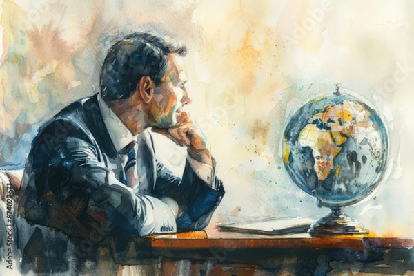 Fototapeta thoughtful man in suit sitting at desk , in style of an aquarelle