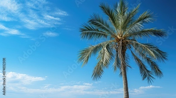 Fototapeta a palm tree is shown against a blue sky.