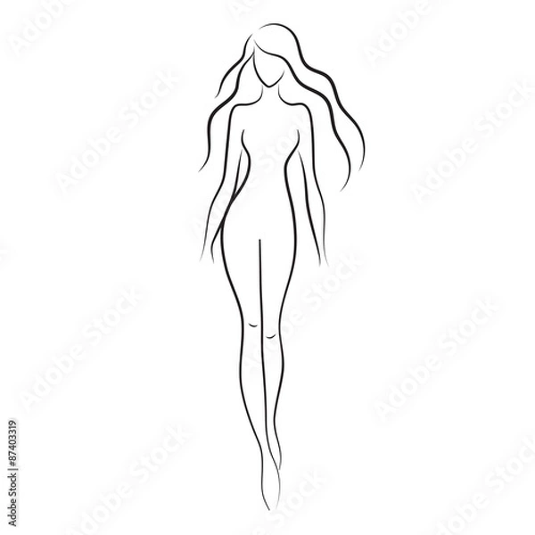 Fototapeta Sylwetka ilustracji wektorowych piękne nagie kobiety. Dziewczyna moda z długimi włosami na białym tle. Logo piękna.