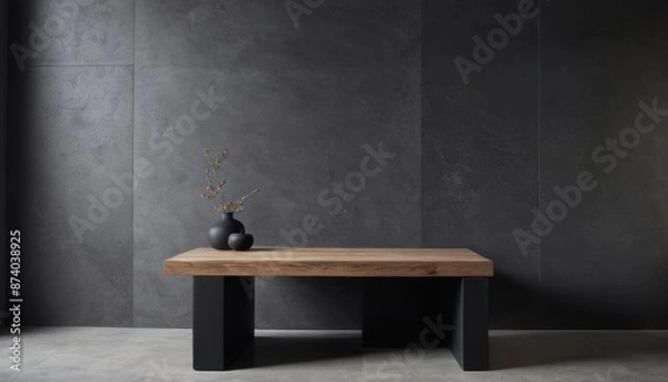 Obraz Grey wall panels and a black side table in minimalistic interior design composition.
