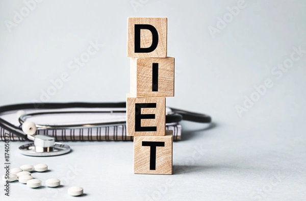 Fototapeta DIET inscription on wooden cubes isolated on white background, medicine concept. Nearby on the table are a stethoscope and pills.
