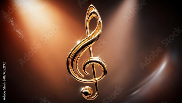 Fototapeta Golden music notes on a defocused brown background, Golden musical note floating on a dark abstract background