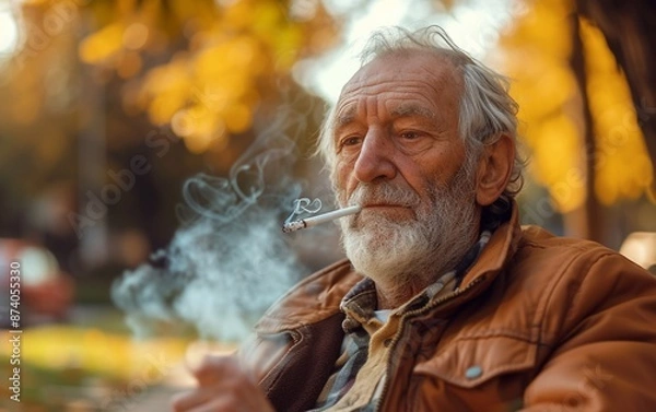 Fototapeta senior man smoking in a park, in the style of old memecore,