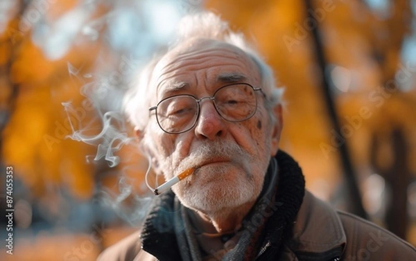 Fototapeta senior man smoking in a park, in the style of old memecore,