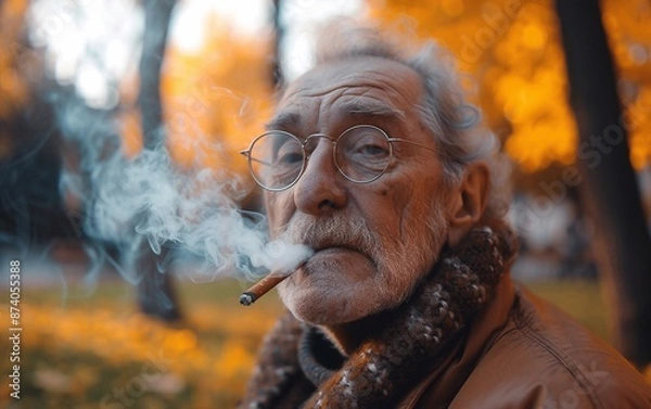 Fototapeta senior man smoking in a park, in the style of old memecore,