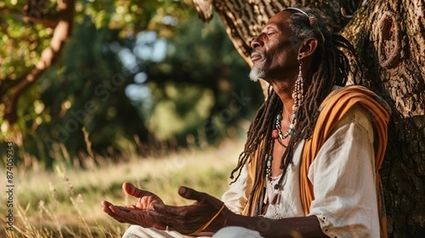 Fototapeta Serene sage meditating under an oak tree with closed eyes.