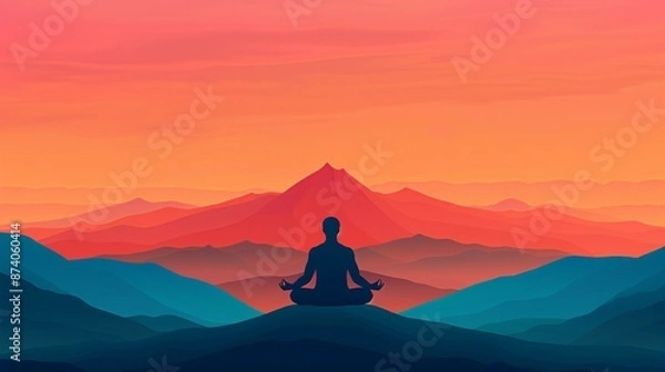 Fototapeta Visualize serenity with a peaceful yoga practitioner meditating on a mountaintop at sunrise. Illustration, Image, , Minimalism,